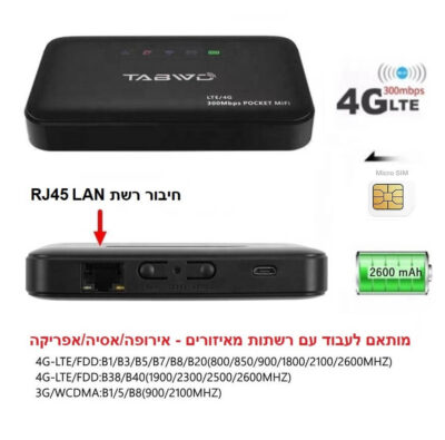ראוטר מודם סלולרי דור 4 – TABWD E5885 4G LTE WIFI MODEM – עובד עם כרטיס מיקרו סים